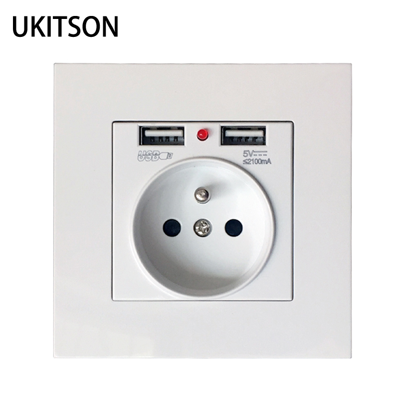 White PC Face Panel France European 16A Electric Wall Outlet AC250V With USB Charger Port For Mobile Phone Tablet PC