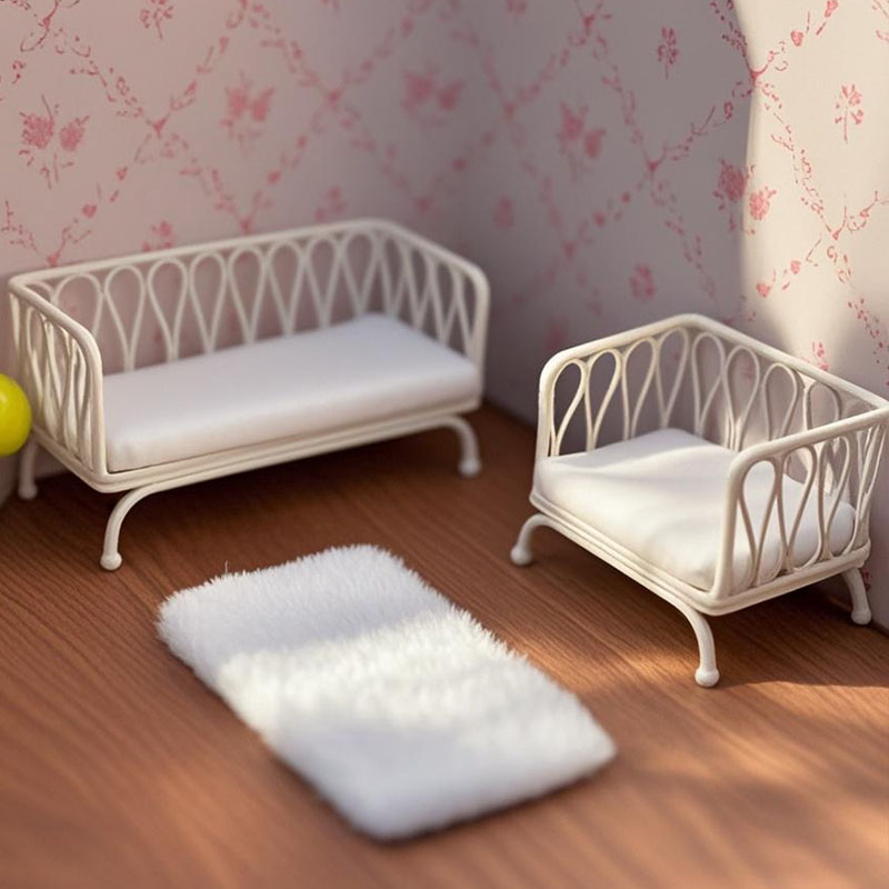 Witte metalen enkele en dubbele banken met witte kussens, minimalistische stijl, schaal 1:12, voor BJD/Ob11/pretend meubeldecor