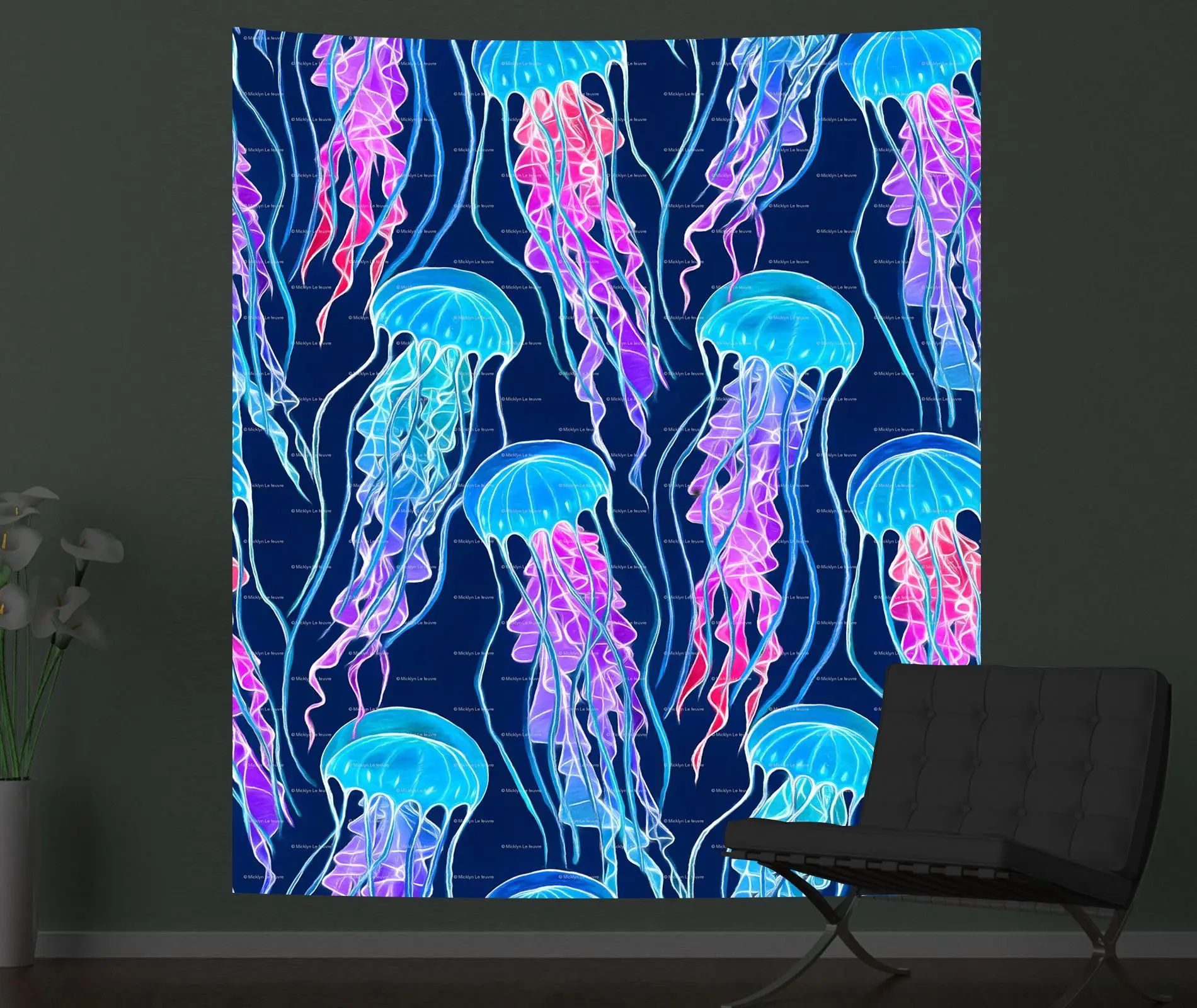 Black Light Tapestry Wall Hanging UV Reactive Psychedelic Jellyfish Hippie for Bedroom Dorm Independent Room Decoration: 150x100 cm / Purple Grey