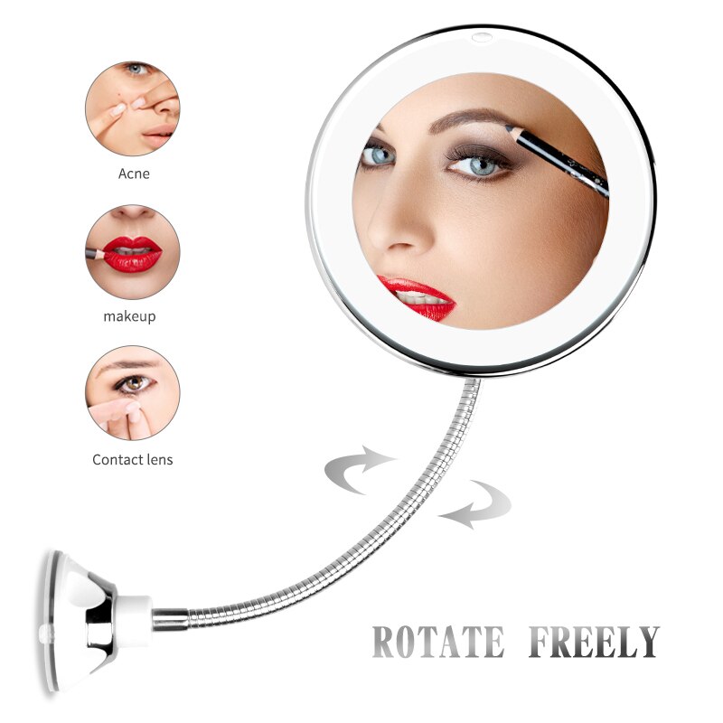 Espejo de maquillaje para mujer, grados de rotación, luz LED 5X /10X, ampliación plegable, maquillaje cosmético, espejo de baño