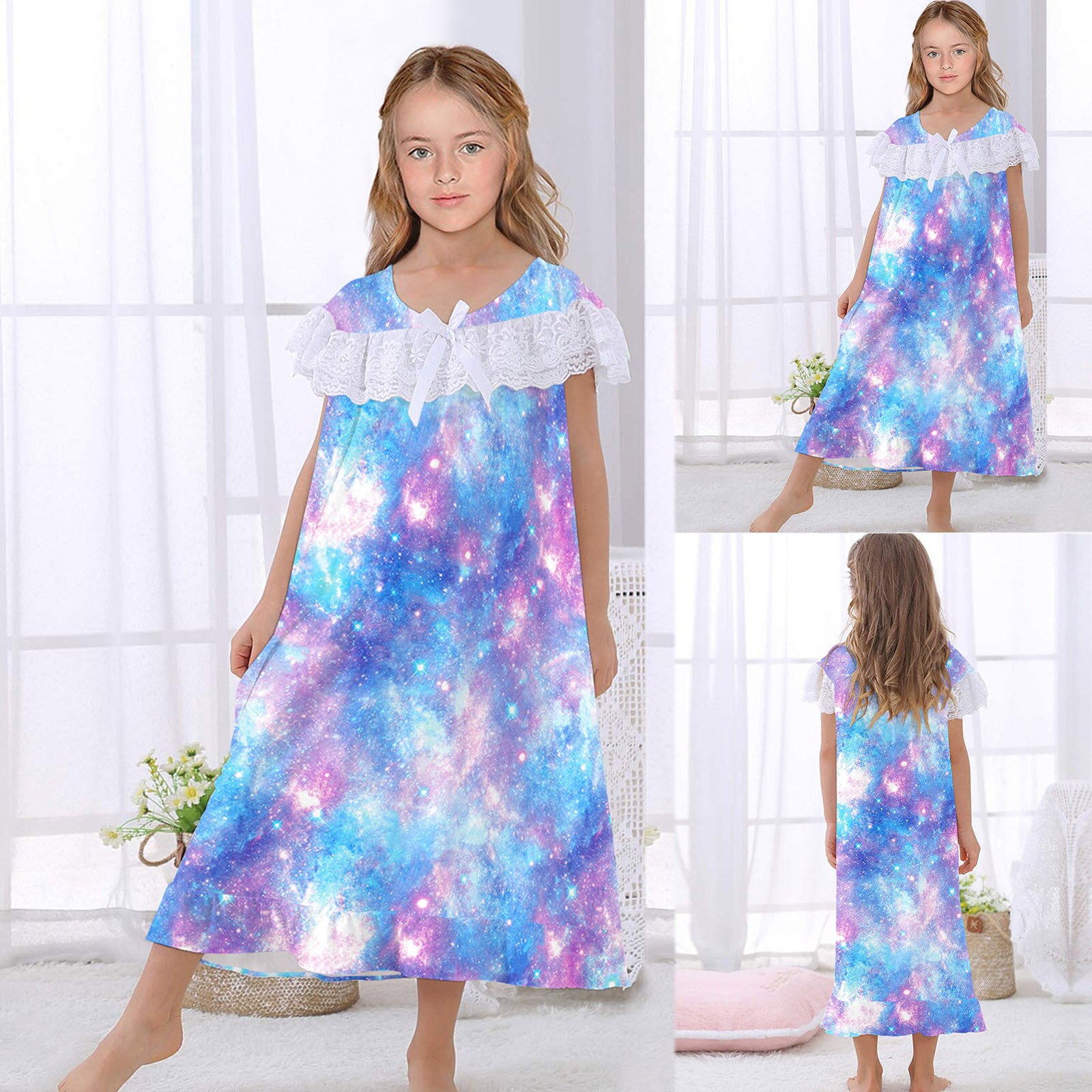 Girls Nightdress Short Sleeve Cute Princess Lace Cotton Sleep Dress Soft And Comfortable Breathable With Zipper On The Back: C / M