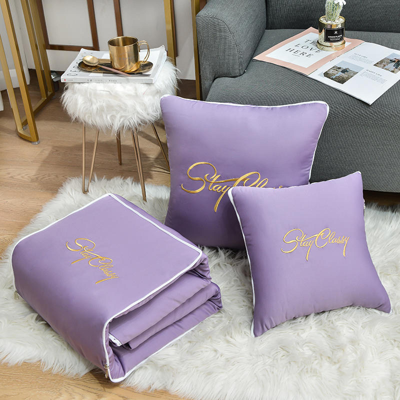 2 in 1 vasket silke bærbare ensfarvede sengetøj til bil sovesofa rygpude pude super blødt fyldt udfoldede fluffy kontortæpper: Lys lilla / 150 x 190cm tæppe