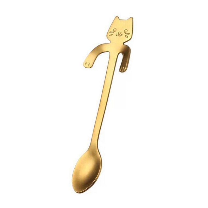 2Pcs Stainless Steel Teaspoons Mini Cat Kitten Spoons Coffee Tea Dessert Spoon Drink Mixing Milkshake Spoon Tableware Set: Gold (2Pcs)