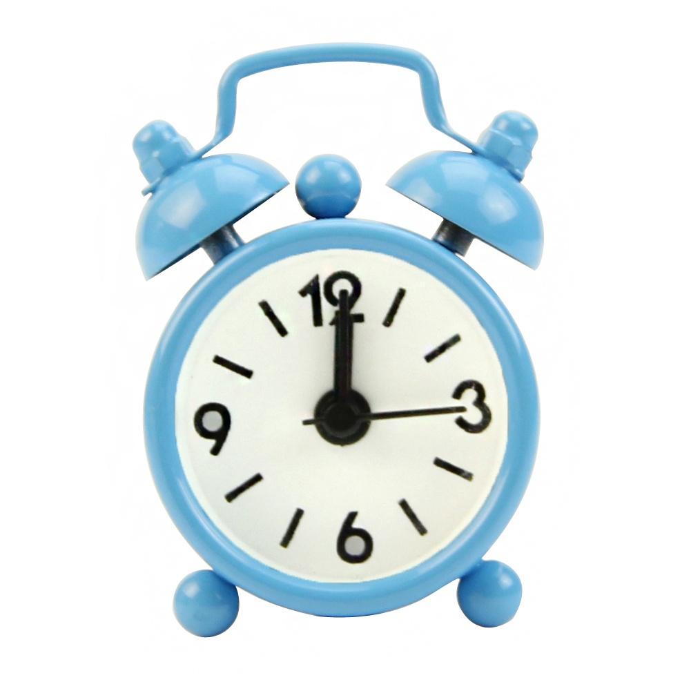 Classic Home Cute Battery Operated Analog Mini Round Bedside Desk Alarm Clock Traditional shape also suits for desk decor: Blue