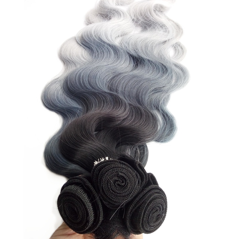 Extensión de pelo sintético impregnado 280 g/set 4 Uds. Color gris azulado negro 3 tonos Ombre alta temperatura fibra onda corporal para mujeres