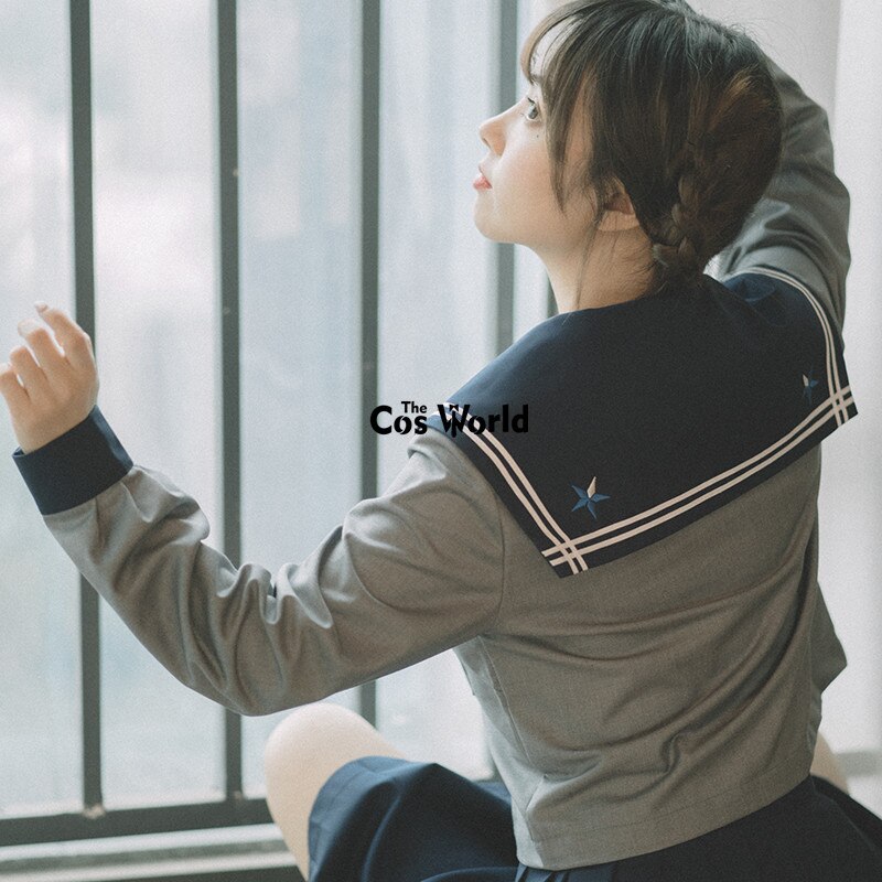 [Willow Leaf] Gray Navy Blue Summer Navy Sailor Suit Tops Skirts JK High School Uniform Class Uniform Students Cloth