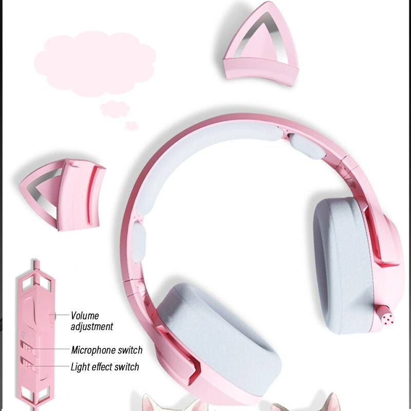 Gaming Headphones with Microphone Virtual 7.1 Noise Cancelling Pink Cat Ear Headset Vibration LED Light for PC Gamer Earphone