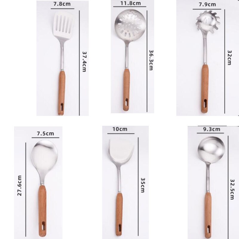 Utensilios de cocina de madera resistentes al calor, utensilios de cocina, cuchara de acero inoxidable para sopa, utensilios de cocina, espátula, cuchara, colador, herramienta de cocina