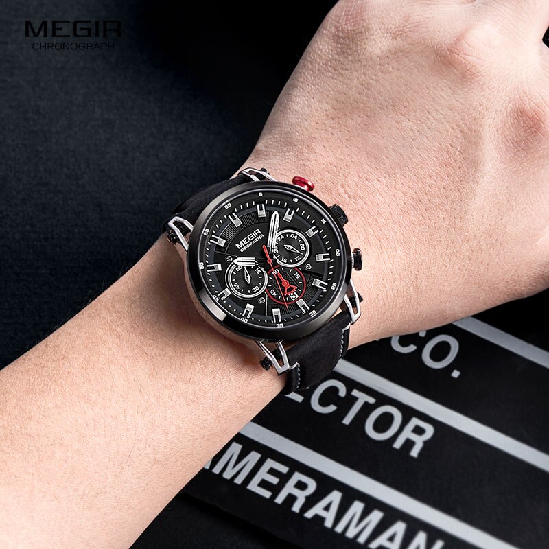 Megir Mannen 24 Uur Quartz Horloges Lederen Band Chronograaf 3atm Waterdicht Army Horloge Man Relogios Masculino 2085 Zwart