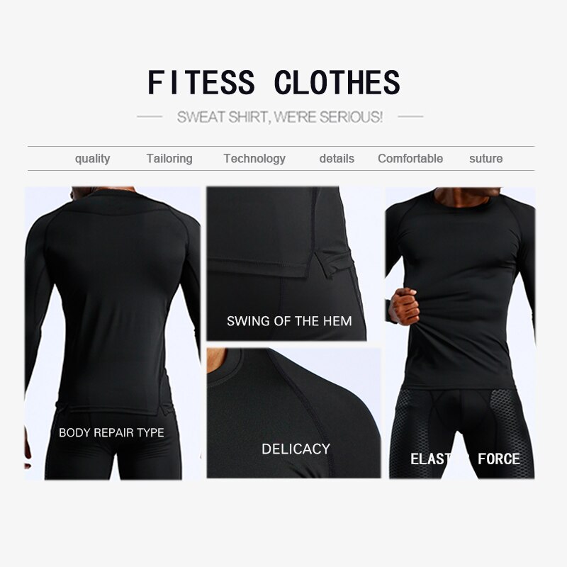 Mens Jogging T Shirt Compression Shirts Rashgard Tight-Fit Crossfit Long Sleeve Tshirt Gym Fitness Clothing Quick Dry Tee Shirt