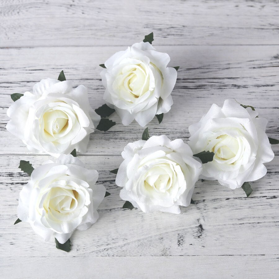 Stort rosenhoved store roser hoveder silke blomsterhoved kunstige blomster 5 stk diy hjem bryllup håndværk forsyninger dekoration tilbehør: Hvid
