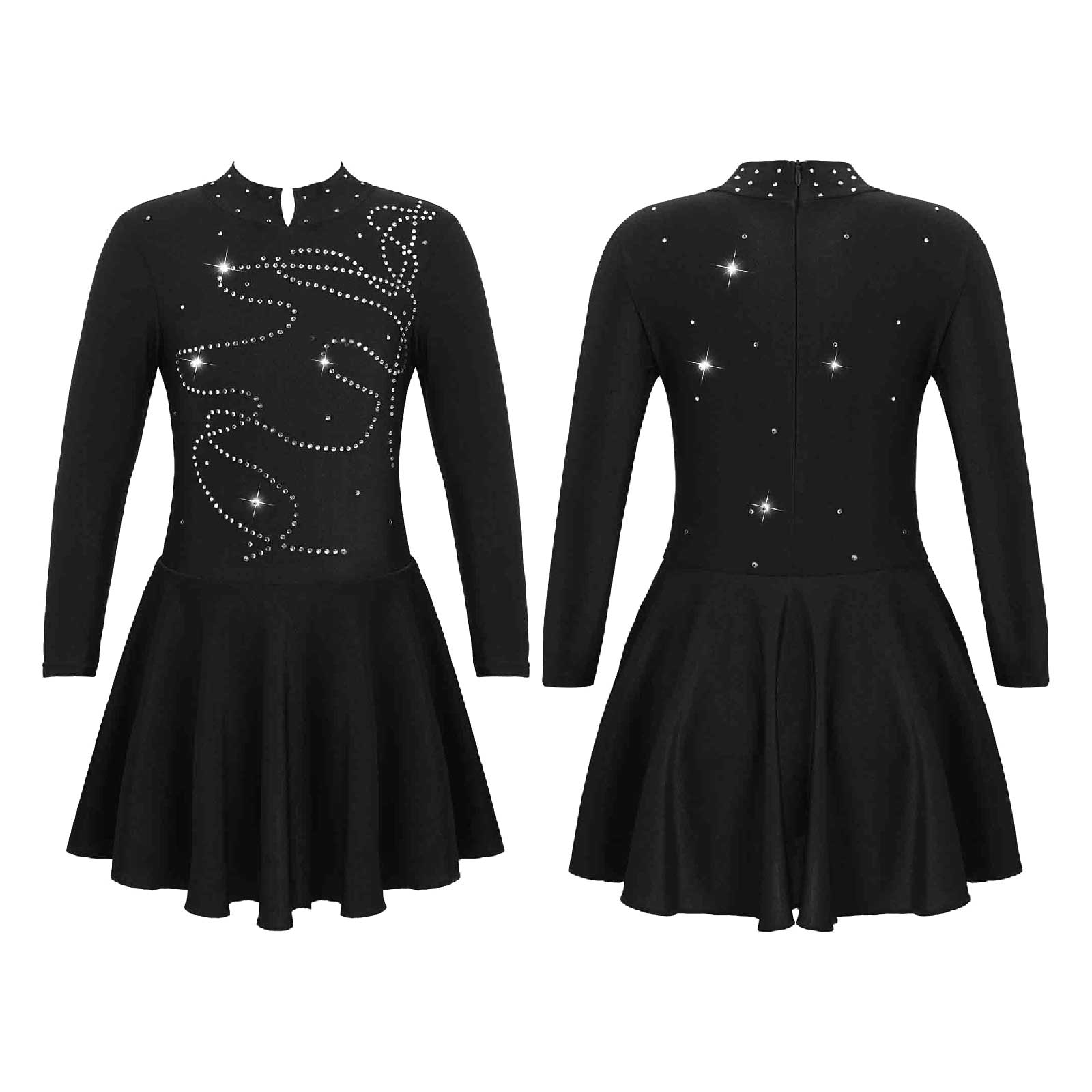 Girls Shiny Figure Ice Skating Dress Sparkling Rhinestone Long Sleeve Dress Ballroom Dance Wear Ice Skating Competition Costume: Black / 10