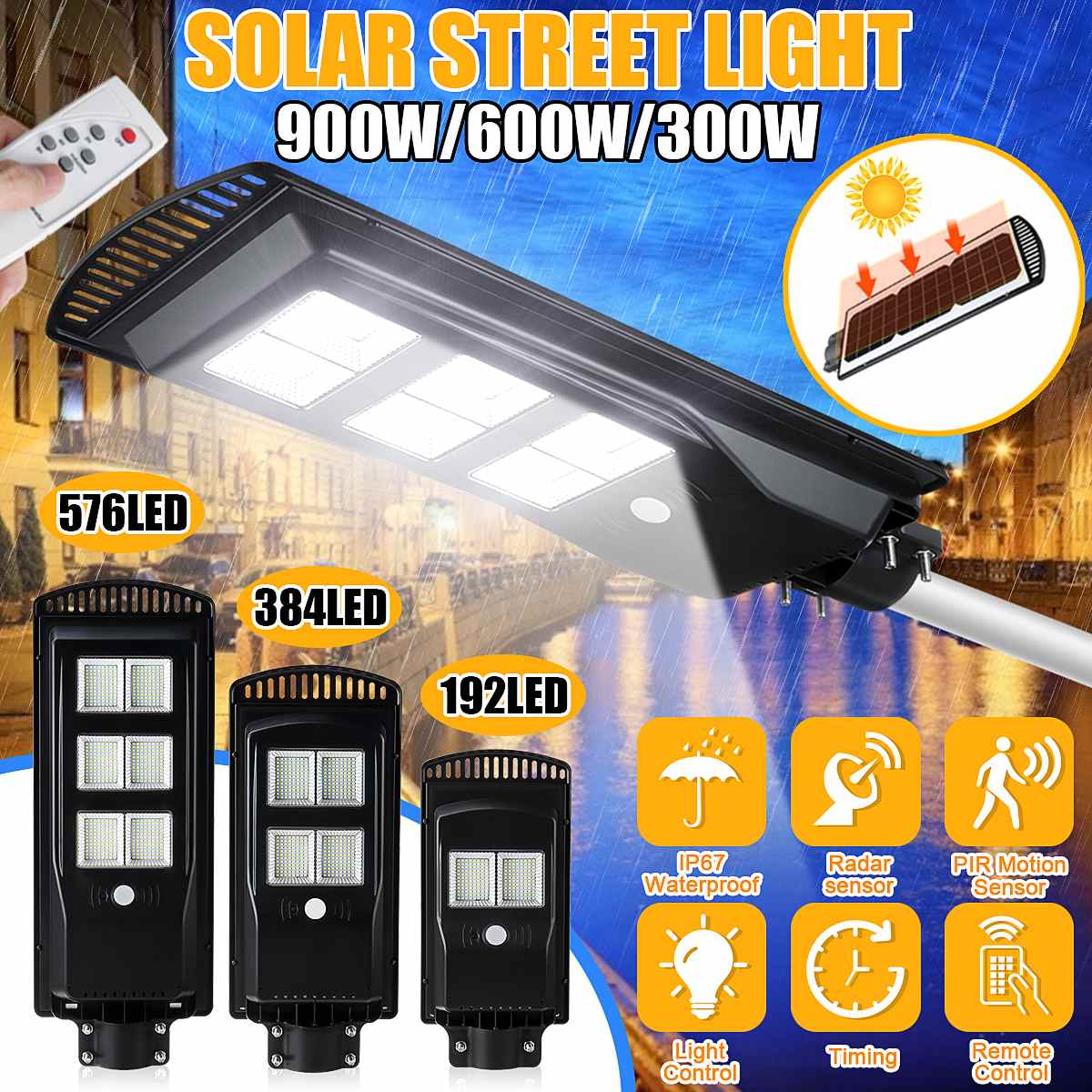 LED Solar Street Light 300W 600W 900W PIR Motion Sensor Wtaerproof IP65 Black LED Remote Control Outdoor Garden Wall Lamp