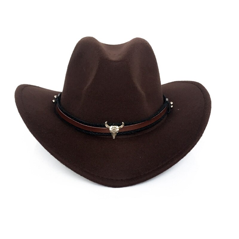 Kvinder mænd uld klassisk western cowboy hat roll-up bred kant rand punk læder bælte jazz cap med tauren læder bælte cowboy hat
