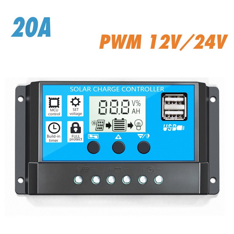 10/20/30A Solar Charge Controller 12V/24V Auto PWM 5V Output Solar Panel Battery Controller Regulator With Dual USB LCD Display: 20A