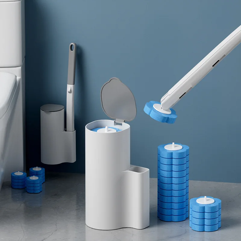Cepillo de limpieza para inodoro, Kit de cabezal de repuesto desechable, inodoro con recargas, herramienta de limpieza de baño de mango largo con soporte