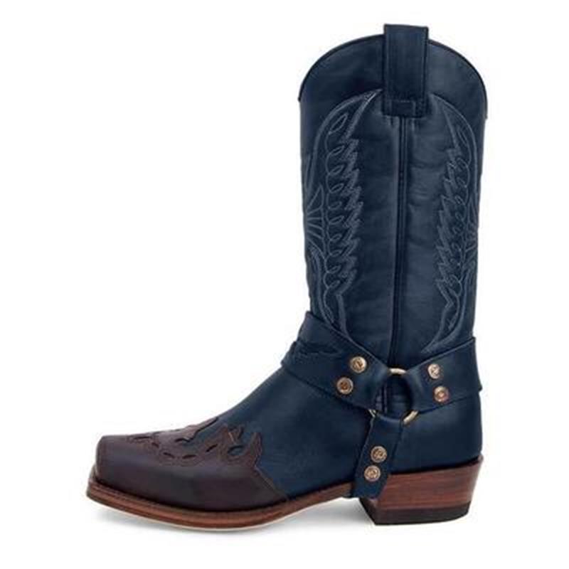 Men's Handmade Blue PU Classic Mid-heel Pointed Toe Embroidery Cowboy Boots Retro Trend Casual Boots HL268