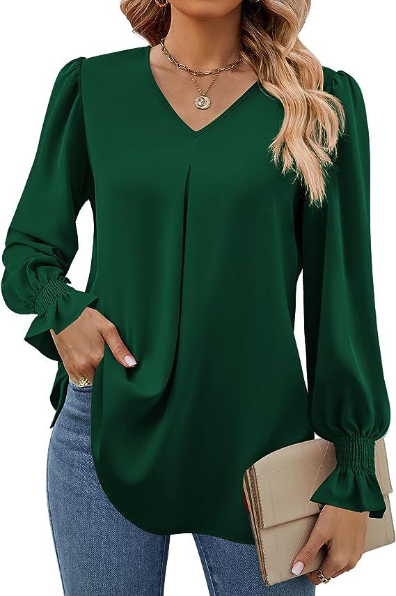 Solid Color Women's Shirt Autumn Item Solid Color Chiffon Shirt V-neck Pullover Trumpet Long Sleeved Top Blouse