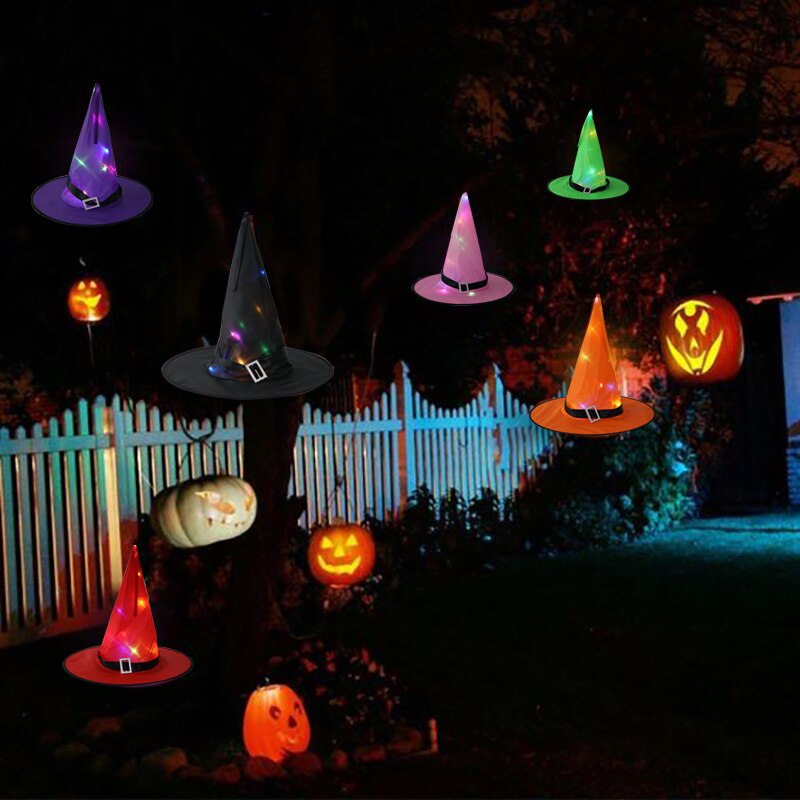 Halloween Decoration LED Glowing Lights Witch Hats Halloween Costume Props Halloween Outdoor Tree Garden Hanging Glow Party