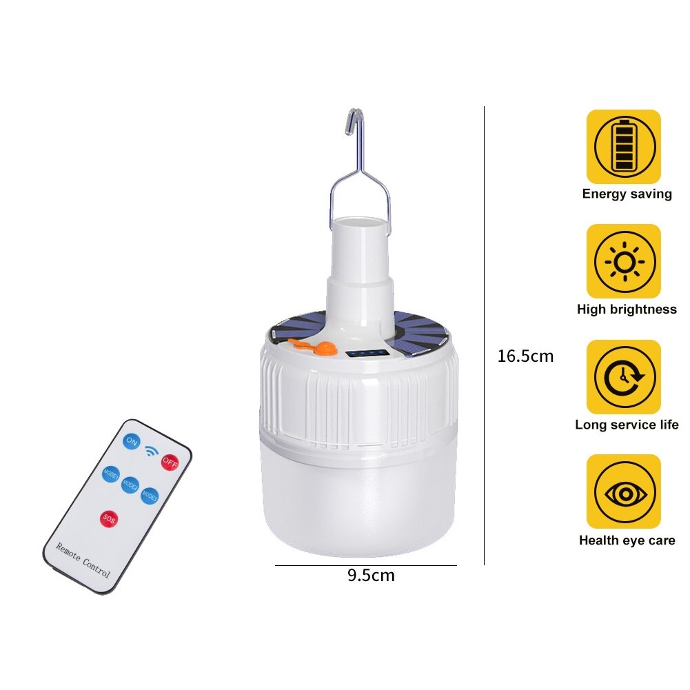 Portable LED Light Bulb Solar Remote control Rechargeable Emergency Light Bulb Hook Night Light Outdoor Camping Fishing