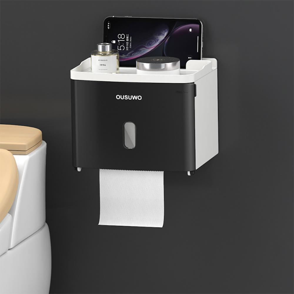Bathroom roll holder wall-mounted toilet paper holder plastic dispenser multifunctional tissue box: Classic black