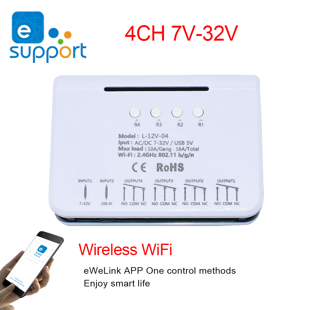 eWeLink Wifi Switch Smart Remote Control Module 4CH DC 5V 12V 32V 110V AC 220V RF 433MHz Transmitter Receiver 10A Relays Module: 7V-32V Wifi