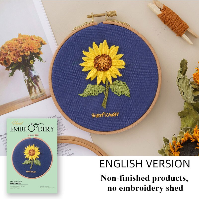 Nybegynner gjør-det-selv stemplet broderi startsett fargerike blomster planter mønster broderi stoff tråder verktøysett dekor kunstverk: Gul