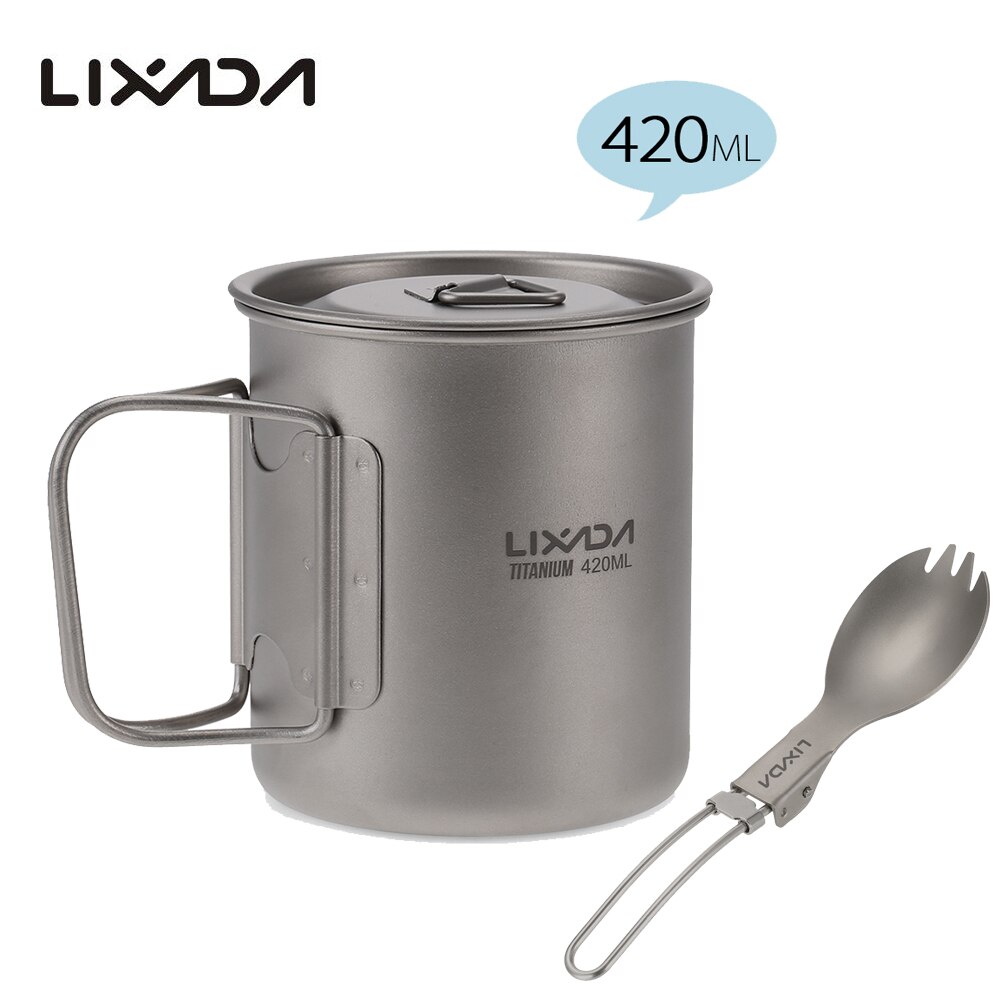 Lixada Titanium Cup Camping Verwarming Mok Servies Lichtgewicht Outdoor Survival Koken Apparatuur Wandelen Kookgerei Picknick Gebruiksvoorwerpen: 420ml with Spork