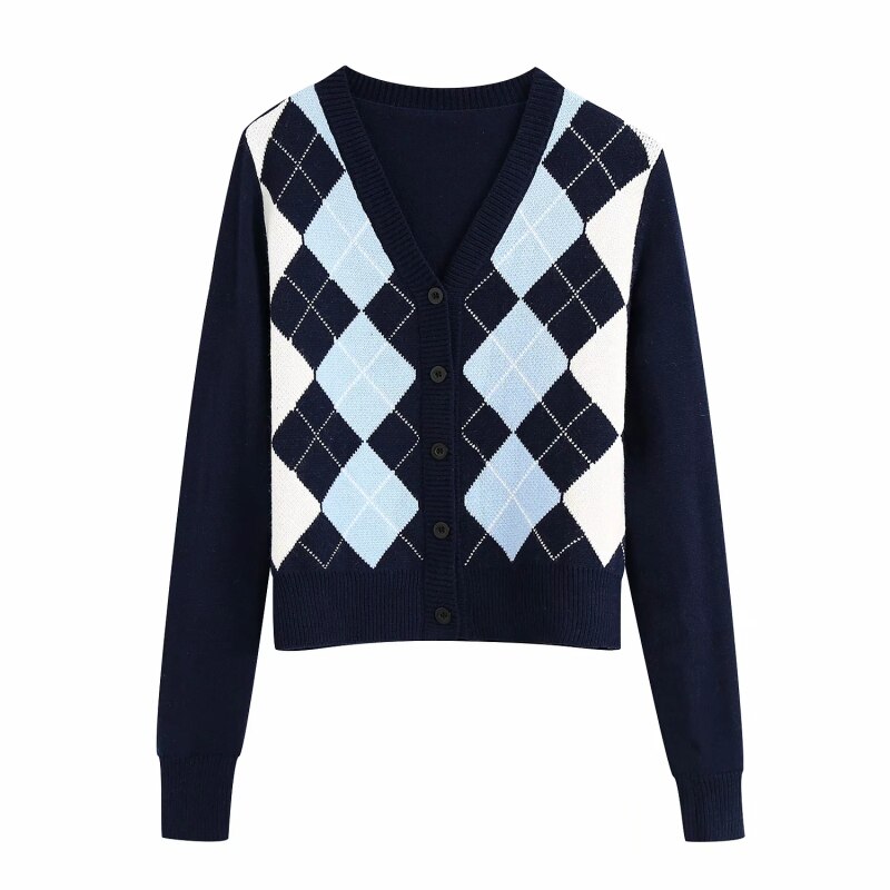 Dames engelse stijl argyle contrasterende kleuren vesten vintage enkelrijs v-hals truien vrouwelijke chique truien: Blauw / Ik
