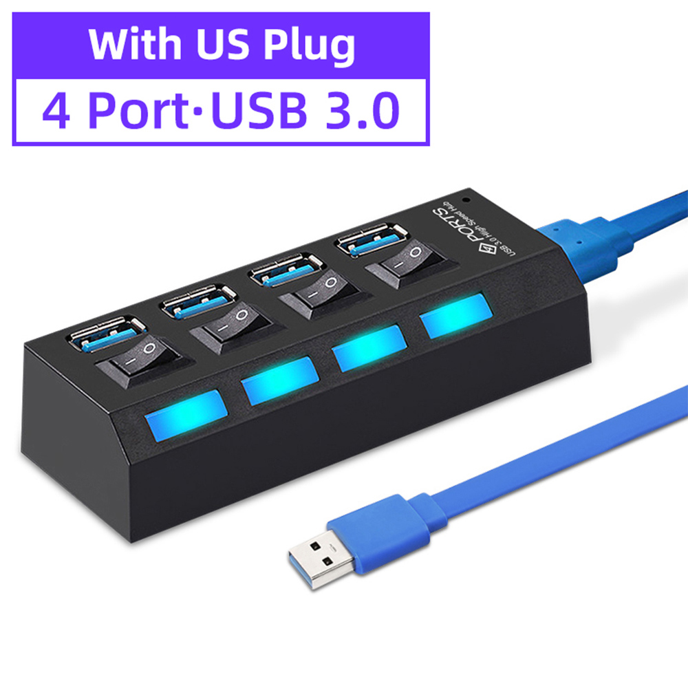 USB 3.0 HUB USB Splitter Multi Usb 3 0 Hub Several Ports with Switch Power Supply Adapter Multiple Usb 2.0 Extender Hab for Pc: USB3.0 4Port With US