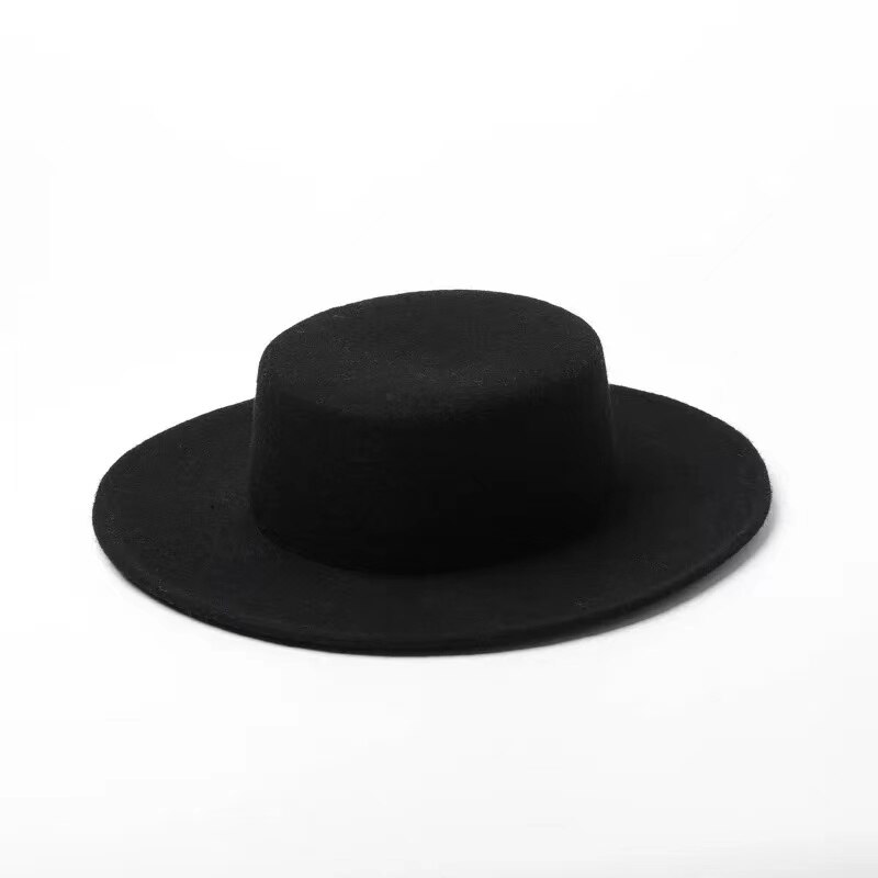 Neue Winter Flache oben Fedoras Hüte Für Frauen Männer Einfarbig Wolle Jazz Kappe Breiter Krempe Damen Elegante Kappen Bowler Hüte Kap: schwarz