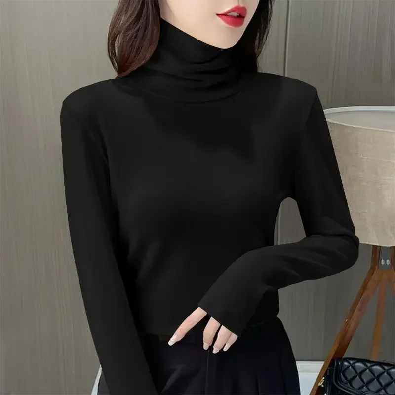 Roupa interior térmica feminina inverno engrossar gola alta camisa inferior de veludo quente topos semi gola alta pulôveres de manga longa