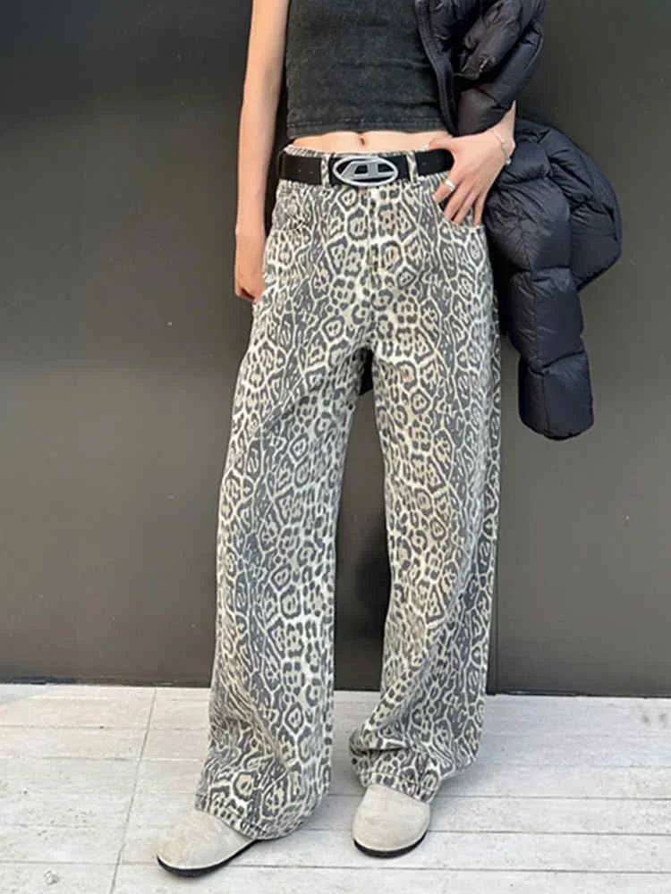 Kvinna vintage överdimensionerade vida jeans flickor hög midja punkkläder byxor dam leopardmönster harajuku baggy byxor: Xl / Grå