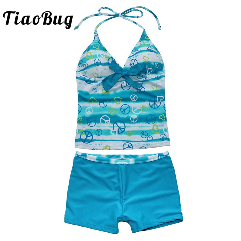 TiaoBug Kids Teens Blauw Tweedelige Verwijderbare Bh Pads Halter Tops met Shorts Bikini Set Meisjes Zwemmen Badpak tankini Badpak