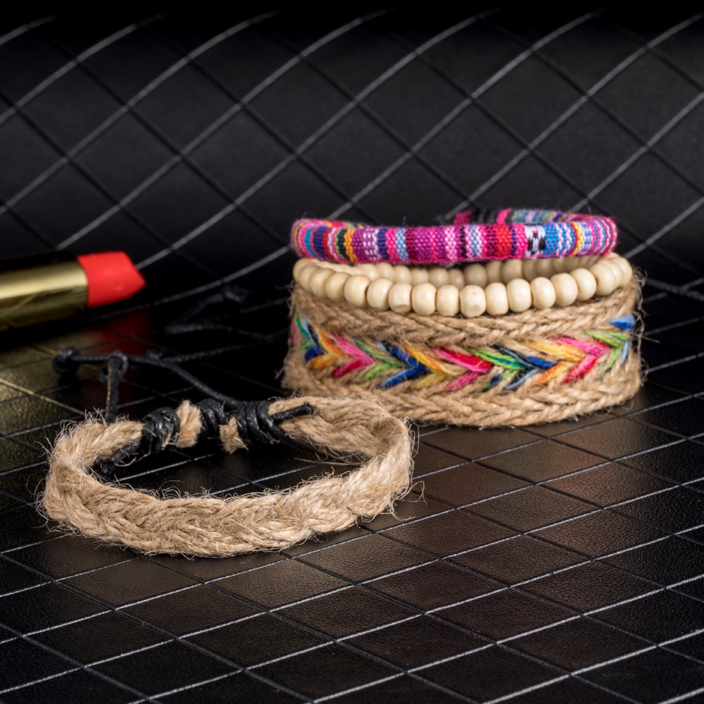 ALIUTOM 4PCS/Set Colorful Beaded Multilayer Handmade Hemp Rope Woven Bracelets Hippy Boho Embroidery Cotton Friendship Bracelets
