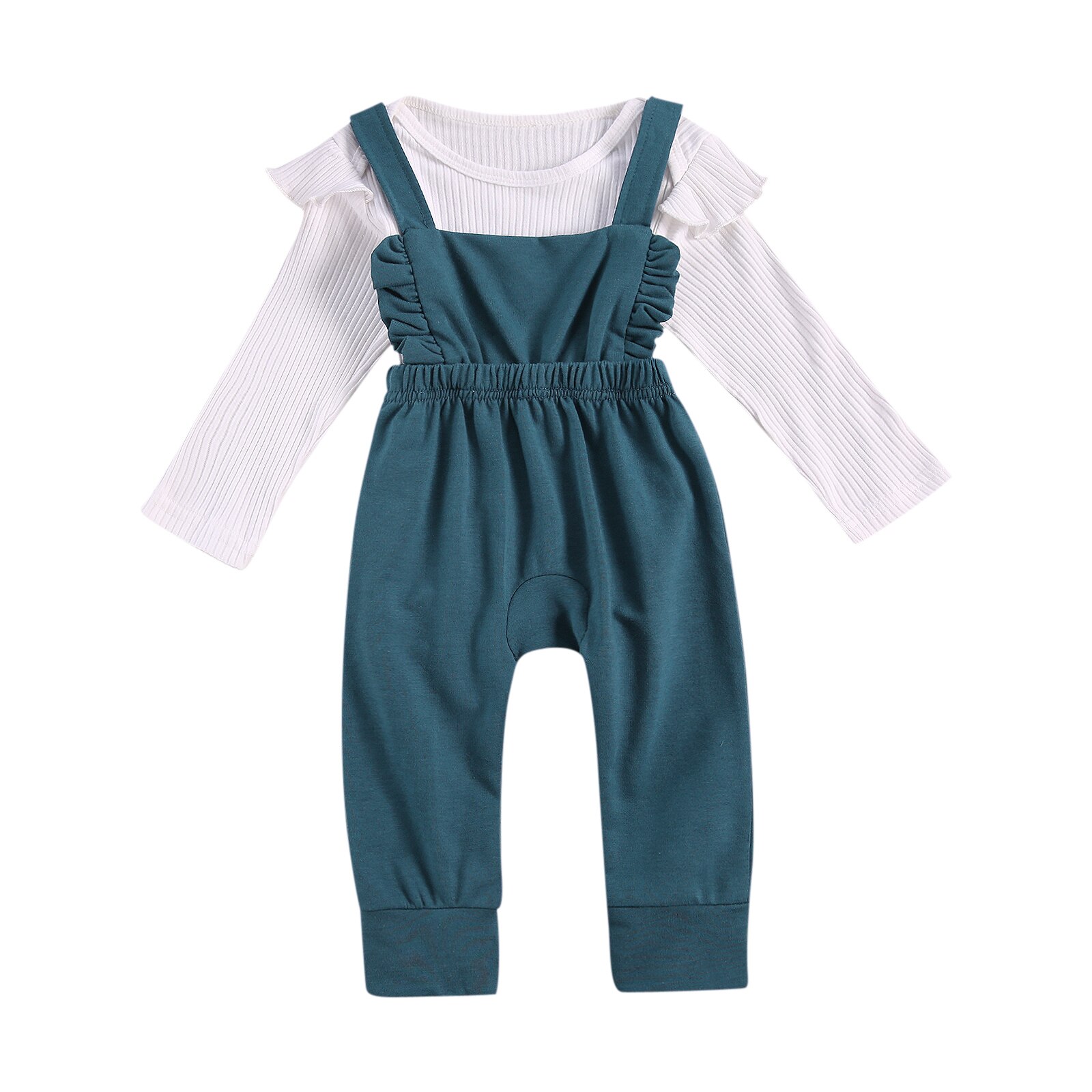 FOCUSNORM 0-24M Autumn Infant Baby Girls Boys Clothes Sets Solid Ruffles Long Sleeve Romper Tops+Bib Overalls Pants 5 Colors: Blue / 12M