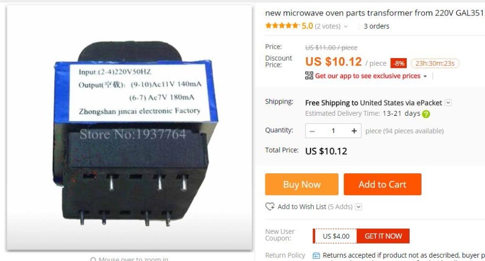 microwave oven parts transformer from 220V GAL3515E-WDB-01