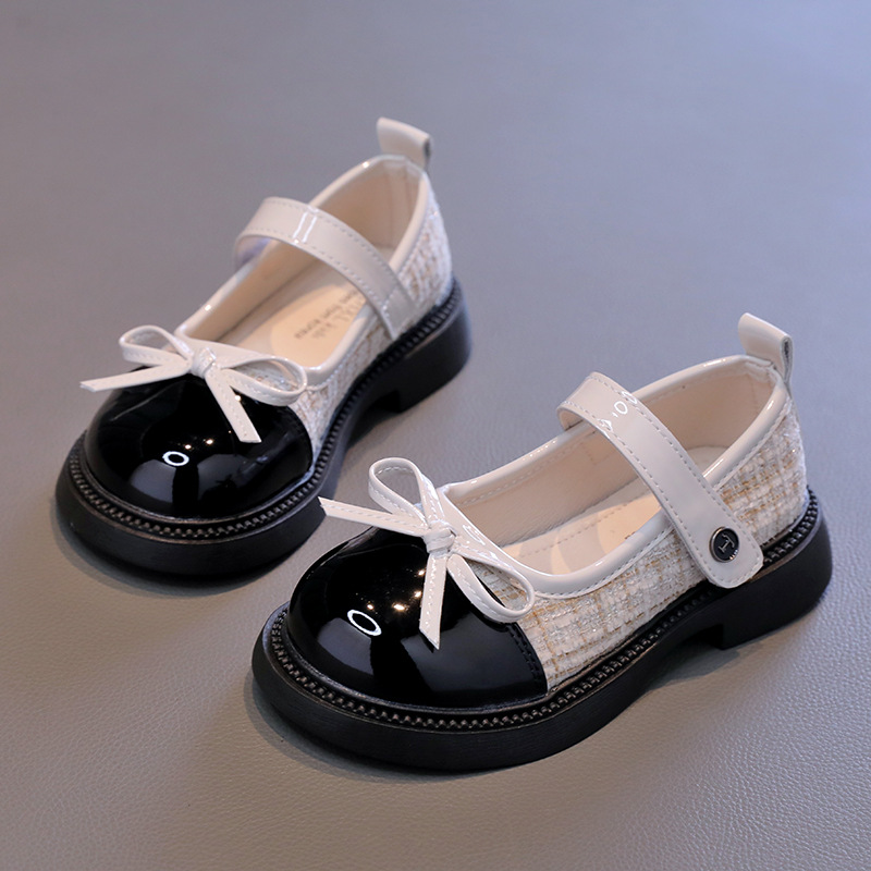 Butterfly Knot Anti Slip Round Toe Girls Leather Shoes Spring Autumn Outdoor PU Sweet Princess Leather Shoes Sandalias De Mujer: Black & Beige / 36