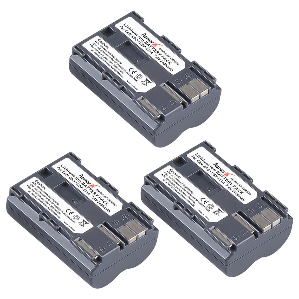 Batería para cámara Canon EOS 5D 50D 40D 20D 30D 10D 1D D60 300D D30, BP-511A de 2400mAh, BP-511, BP511A, BP511: 3 Batteries
