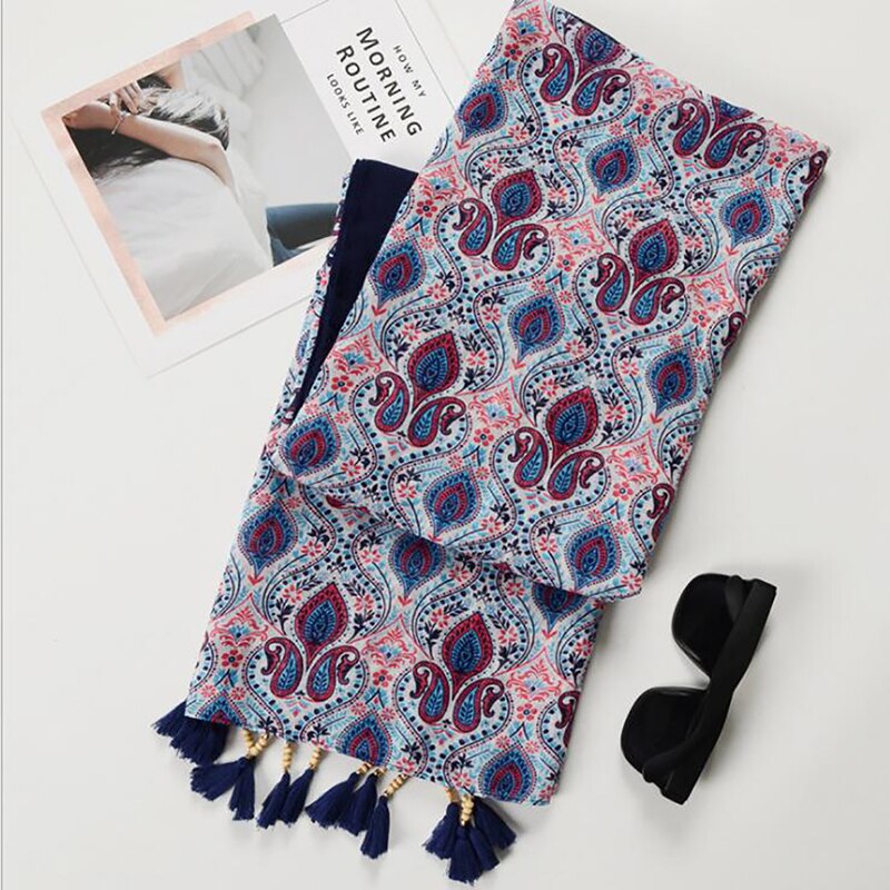 Ethnische Kopf Schal Hijab Schal Frauen Schals Spanien Stil Bohemian Hippie Geometrische Muster Quasten Schal