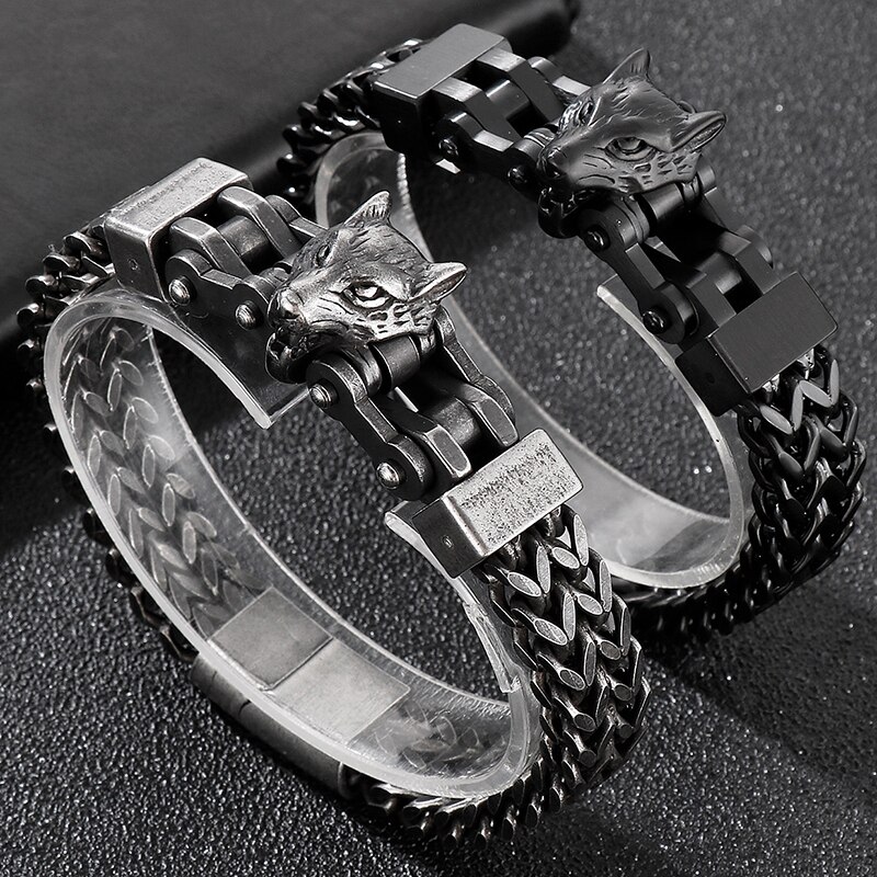 Edelstahl männer Armbänder Mit Wolf Köpfe 12MM Doppel Schicht Franco Link Curb Kette Armband Männer Punk Schmuck mit Tasche
