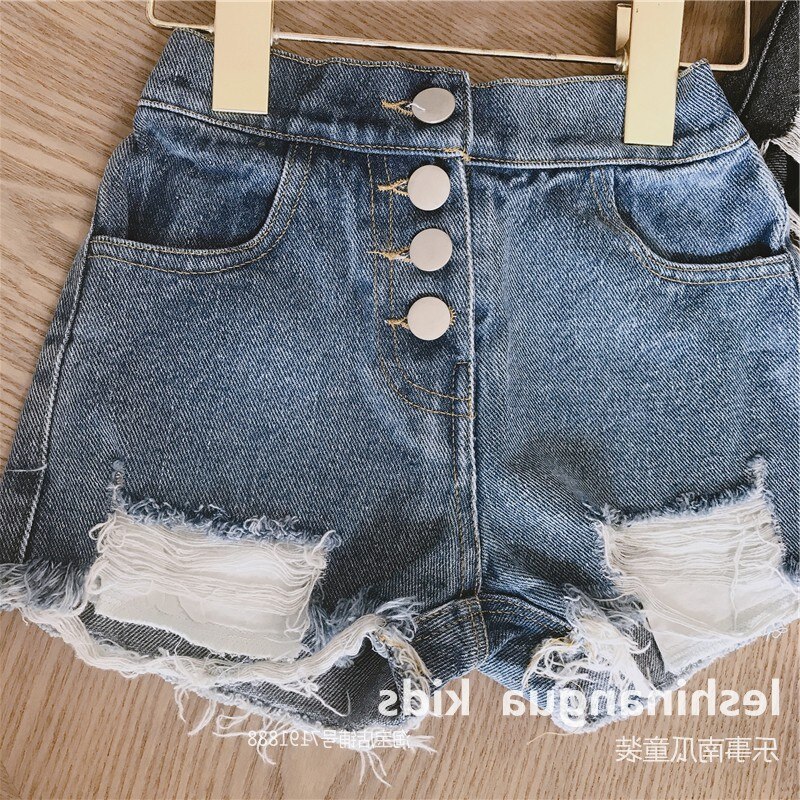 Flicka jeans shorts bebis flicka knapp gylf jeans shorts barn casual trasiga hål byxor flickor stretch slitna jeans