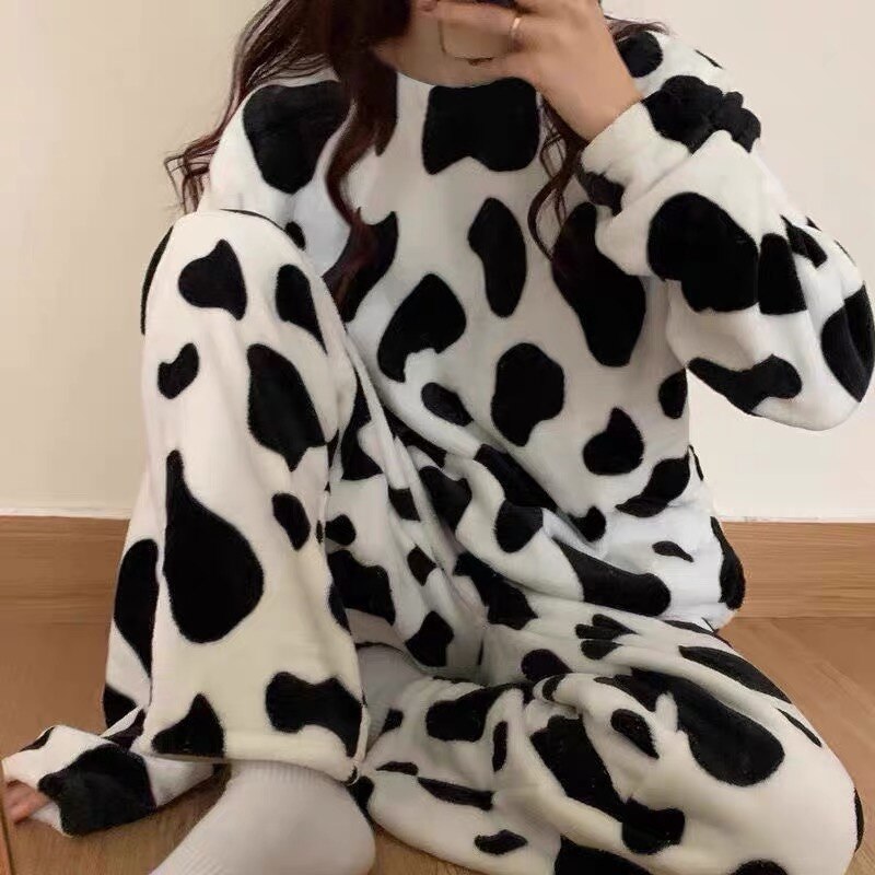 QWEEK Cow Print Pajamas for Women Velvet Pijama Kawaii Sleepwear Female Set Woman 2 Piece Pyjamas Long Sleeve Loungewear Suit