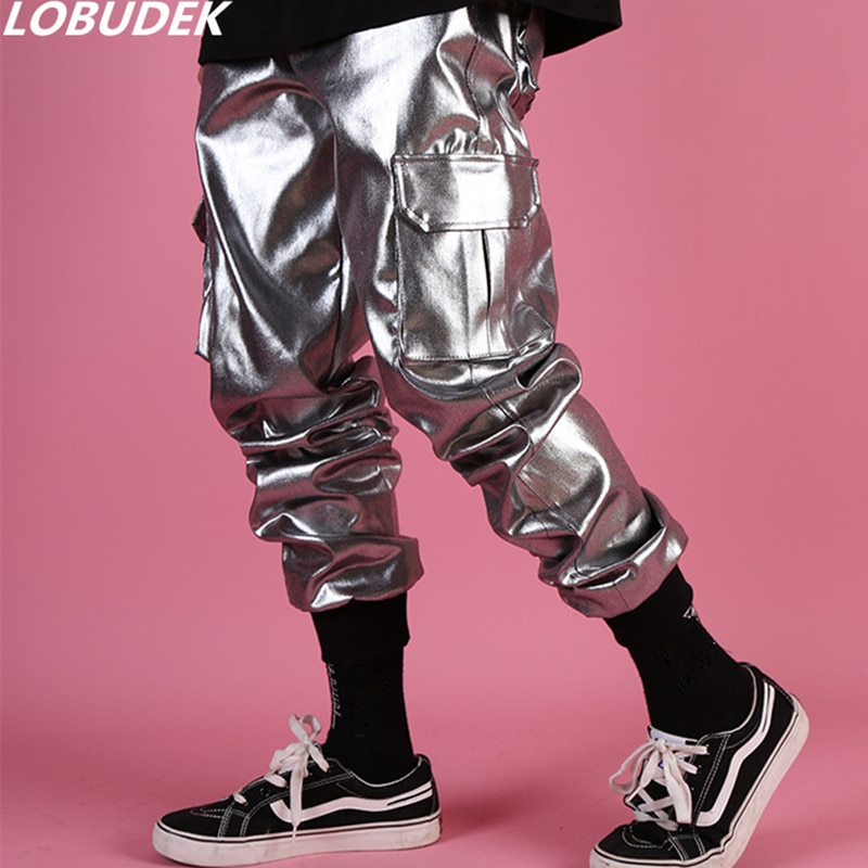 Pantalon Cargo en simili cuir argenté pour homme, vêtement à poches, ample, décontracté, pour scène de Bar, chanteur de Rock, Hip Hop, danse,