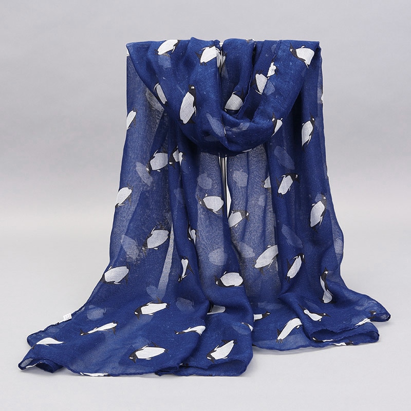 1Piece 180x90cm White Light Gray And Navy Blue Bottom Print Black And White Penguin Rectangular Bali Scarf: 2
