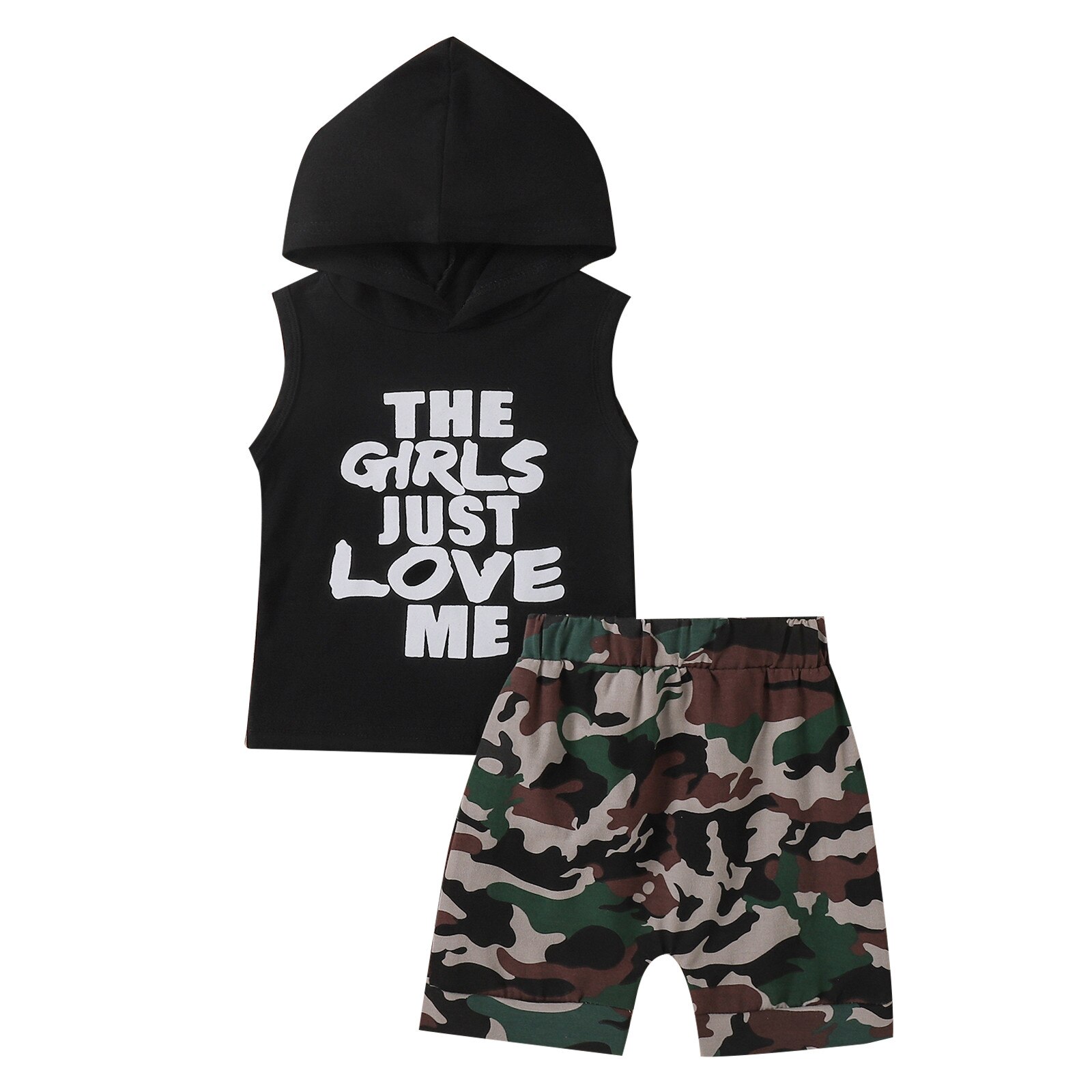 40# Toddler Baby Kids Boys Clothes Short Sleeve Letter Positioning Print Hooded Top + Camouflage Pants Baby Boy Clothes Set: Black / 100