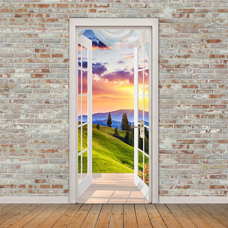 Natural Scenery Door Sticker Pastoral Style Simulation Window Sill Scenery Home Door Decoration Decorative Door Sticker: 95x215cm