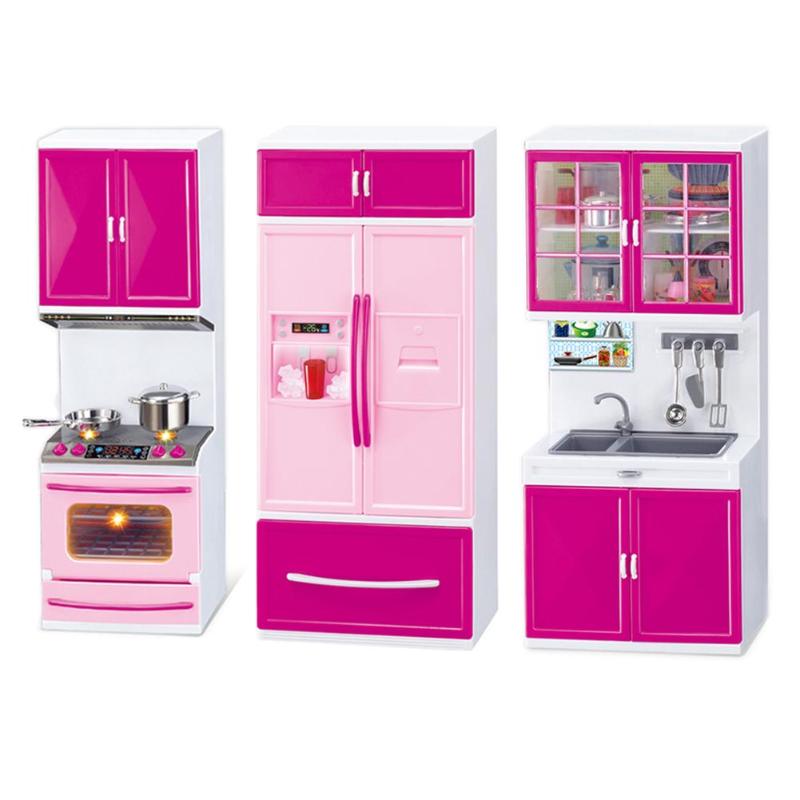 Pretend Play 3 in 1 Simulation Kitchen Set Cooking Cabinet Tool Tableware Dolls Suits Toys Puzzle Educational Doll for Girls