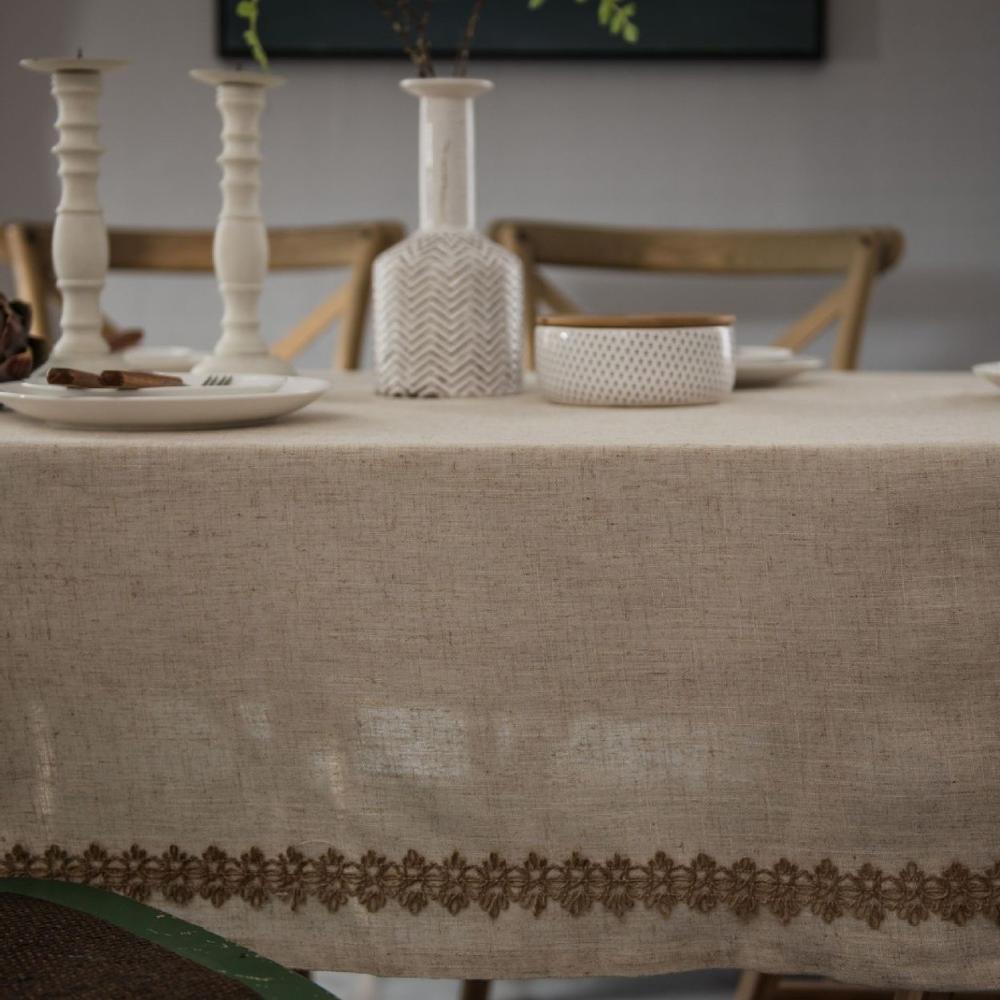 Beige table cloth with blue flower Cotton and Linen fabric table cloth