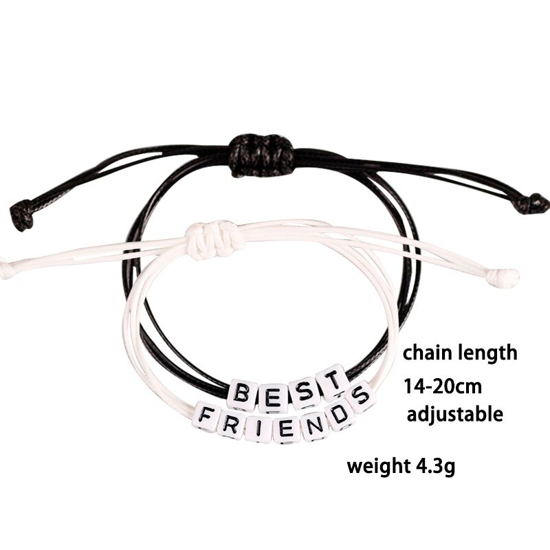 Chaîne à main d'amitié pour hommes et femmes, ensemble de 2 pièces de corde en cuir noir et blanc taille ajustable Bracelet à breloques